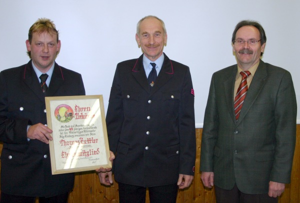 Nach 42jähriger Aktiver Tätigkeit in der Feuerwehr Häg-Ehrsberg wechselte Thomas Zettler(Bildmitte) in die Altersmannschaft über und wurde zum Ehrenmitglied ernannt. Ehrenmitglieder wurden auch noch Edgar Philipp, Wilhelm Maier und Reinhard Walter. Aus dem Foto von links nach rechts: Kommandant Ottmar Schäuble, Thomas Zettler und Bürgermeister sowie Ehrenkommandant Bruno Schmidt: Foto: Karl-Heinz Rümmele